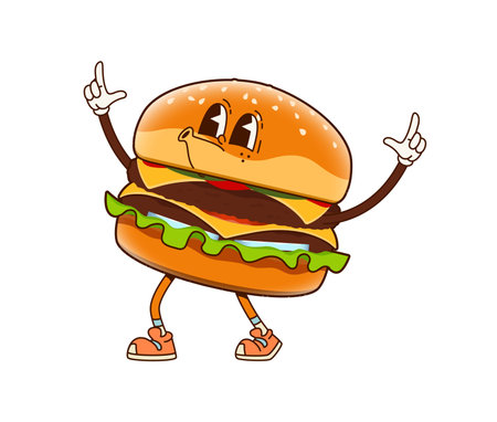 Groovy fast food cheeseburger character. Cartoon vector funky hamburger personage dancing with raised arms and whistling happy melody. Juicy, tasty fastfood burger exudes funky 60s or 70s retro vibesのイラスト素材