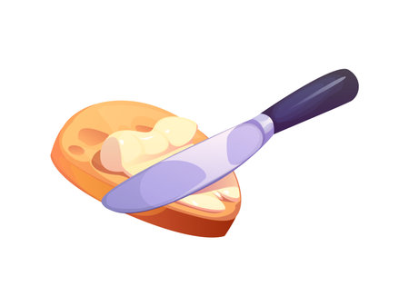 Process of spreading butter on a slice of bread using a knife. Cartoon vector culinary image highlights common breakfast preparation activity, emphasizing the textures of creamy butter and fresh breadのイラスト素材