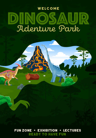 Dino park flyer with T rex dinosaur silhouette and prehistoric landscape, vector poster. Jurassic park and dinosaur history adventure entertainment exhibition flyer with T-rex tyrannosaurs and lizardsのイラスト素材