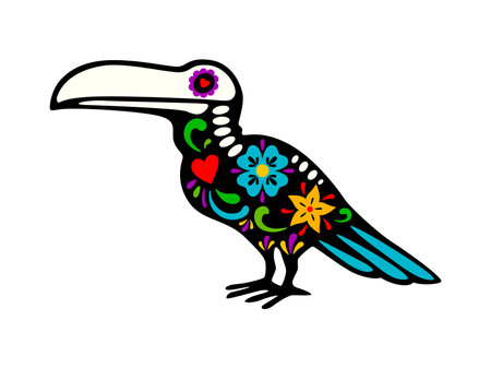 Mexican day of the dead toucan bird animal tattoo adorned with floral and heart patterns. Isolated vector Dia de los Muertos jungle avian, sugar skull with skeleton elements. Toucan skeleton figureのイラスト素材