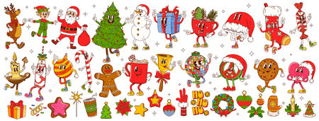 Cartoon groovy funny Christmas characters for winter holidays, vector icons. Groovy Santa with Christmas tree and New Year gifts, Ho Ho Ho and cookie with funky snowman character in retro cartoonのイラスト素材
