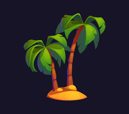 Cartoon tropical coconut or banana palm. Vector jungle trees with green fronds and sturdy trunks standing on patch of sandy ground or island. Pirate game asset, landscape element, exotic beach palmのイラスト素材