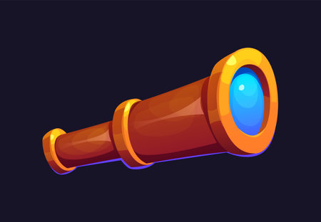Cartoon pirate spyglass, vintage nautical telescope. Isolated vector navigation instrument for looking on distance. Captain or sailor optical tool, naval equipment, marine retro glass itemのイラスト素材