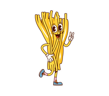 Vermicelli Italian pasta groovy happy character. Vermicelli pasta, Italy cuisine menu wheat noodle dish character or Italian restaurant tasty gourmet groovy hippie isolated vector cheerful personageのイラスト素材