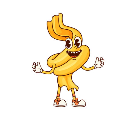Funghetto Italian pasta groovy happy character. Italian restaurant wheat gourmet groovy cheerful mascot, Funghetto noodle dish or Italy cuisine menu tasty pasta funny funky isolated vector personageのイラスト素材