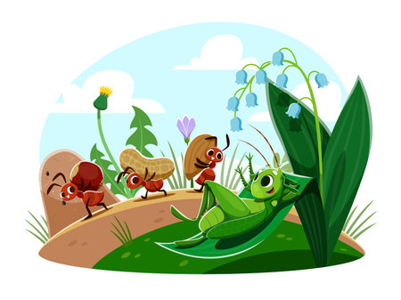 Cartoon ant characters with nuts and grasshopper lazy lying on leaf, vector kids story. Ants workers carrying nuts and looking at lazy cricket resting on flowers leaf for kids cartoon illustrationのイラスト素材