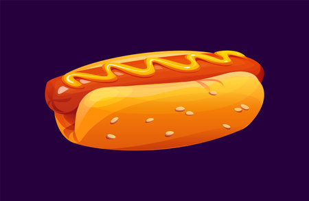 Cartoon hot dog fast food meal. Isolated vector classic hotdog with a juicy sausage nestled in a soft, sesame-seed bun, topped with a swirl of mustard. Delicious take away street or barbeque snackのイラスト素材