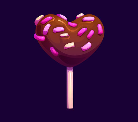 Cartoon heart-shaped chocolate lollypop adorned with pink and white sprinkles. Vector candy sweets and confectionery lollipop on a stick. delightful and festive treat for Valentines Day celebrationのイラスト素材