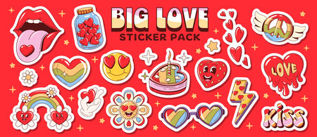 Cartoon groovy hippie love symbol stickers pack with hearts and lips kiss, vector icons. Groovy love stickers in retro cartoon with hippie rainbow and funny psychedelic character of strawberry heartのイラスト素材