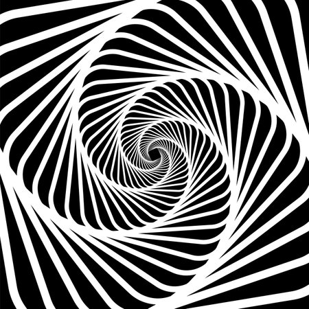 Psychedelic hypnotic spiral pattern with hypnosis swirl for optical illusion effect, vector background. Hypnotic spiral tunnel or black white lines on psychedelic wormhole or warp twist patternのイラスト素材