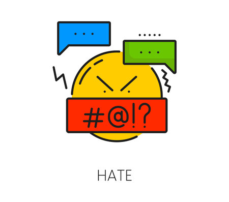 Web blogging or social media hate line icon. Online content, web blogging problem or network social media bad comment thin line vector symbol. Blogger hate speech linear icon with swearing smileのイラスト素材