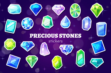 Cartoon jewelry and crystal gems stickers pack. Vector set of patches with colorful gemstones and shiny precious stones like diamonds and emeralds for diy, decoration and kids creative hobbiesのイラスト素材