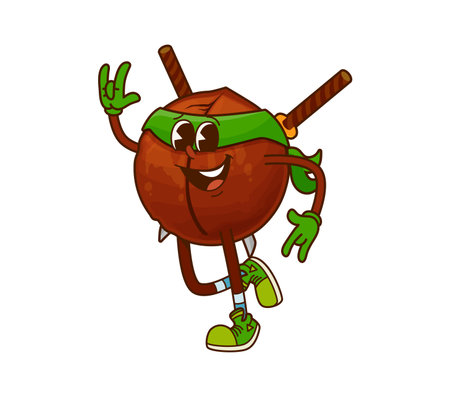 Groovy macadamia superhero nut character dressed in a green mask, gloves, and sneakers, wielding swords as weapons. Cartoon vector kernel defender personage exuding energy, strength, and playfulnessのイラスト素材