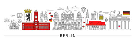 Berlin silhouette, Germany travel landmarks and city skyline featuring iconic cultural symbols like Brandenburg Gate, Berlin Cathedral, Rotes Rathaus and traditional German history or culture elementsのイラスト素材