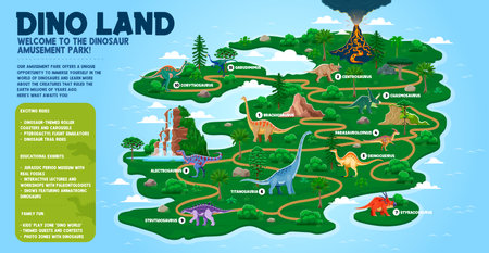 Dino park map with prehistoric dinosaur animals of Jurassic era, vector template. Dino land amusement park and prehistoric dinosaurs exhibition island map with direction to extinct animals and lizardsのイラスト素材