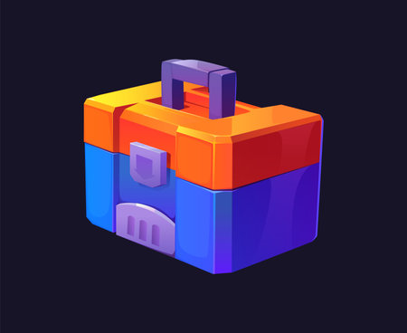 Cartoon futuristic sci fi game toolbox, space chest, features blue, orange and purple colors with a handle and lock. Isolated vector gaming asset, storage for instruments utility and organizationのイラスト素材