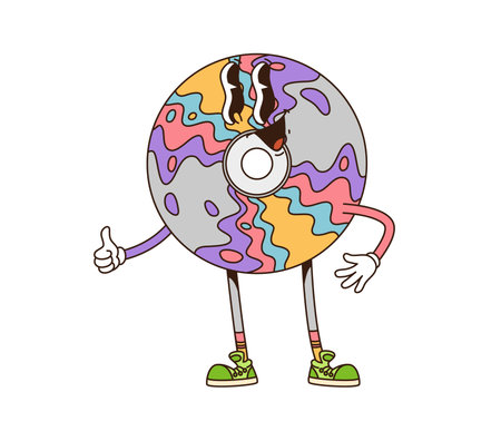 Groovy compact disc retro character or cartoon CD with funny face, vector icon. Groovy compact disk with funky smile and thumb up gesture sign for disco music or DJ pop art emoji and freaky emoticonのイラスト素材