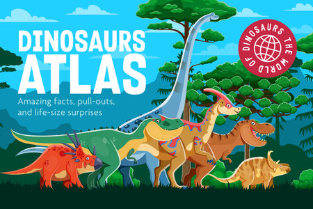Cartoon prehistoric dinosaur characters, encyclopedia book cover vector template. Funny jurassic dino animals and reptiles in jungle forest. Cute tyrannosaurus rex, allosaurus, titanosauria dinosaursのイラスト素材