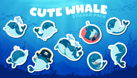Cartoon cute kawaii whale characters stickers for underwater fish or animal emoji, vector icons. Funny baby whale swimming in sea or ocean water in pirate hat or sleeping and squirting splashのイラスト素材