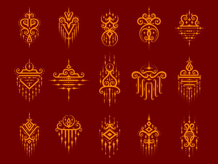 Sacred thai symbols of oriental gold pattern, vector line art elements. Thailand ornaments set for tattoo, mystic talisman and amulet. Sacred thai symbols with traditional oriental swirls patternのイラスト素材