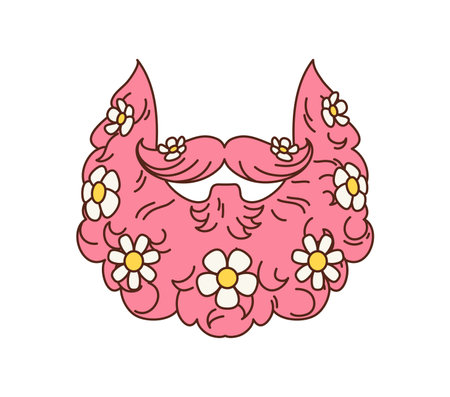 Groovy retro hippie beard with daisy flowers, vector cartoon or 70s funky art. Groovy pink beard with mustaches and daisy flowers for mask or avatar effect for glamor disco pop or hippie style stickerのイラスト素材