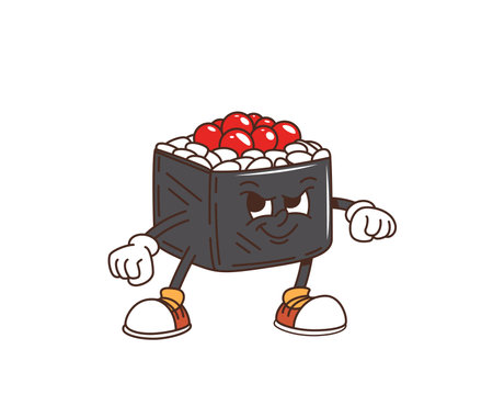 Cartoon retro groovy sushi roll character of Japanese food with freaky face, vector comic personage. Funny groovy sushi roll with rice and caviar in nori seaweed as retro cartoon samurai characterのイラスト素材