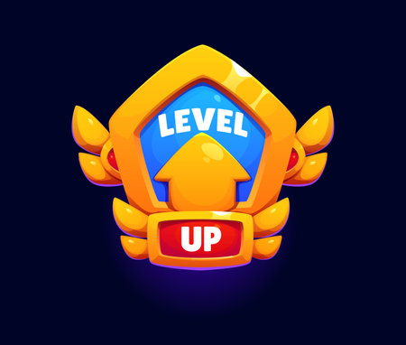 Level up game reward, rate icon with upward arrow, shield and golden wings represents success and advancement. Cartoon vector pop up emblem, achievement and progress sign for gui interfaces and appsのイラスト素材