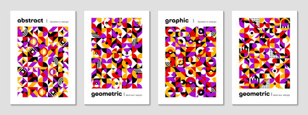 Abstract modern geometric poster templates of colors and shapes, vector background. Web banners, posters and book covers with headers and abstract geometric pattern design of trendy mosaic elementsのイラスト素材