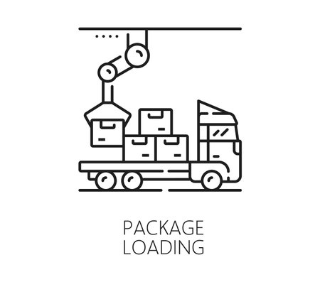 Manufacture package loading, automatic and manual production line icon. Plant assembly line automatic equipment, industry manual production thin line vector symbol with robot loading boxes on truckのイラスト素材