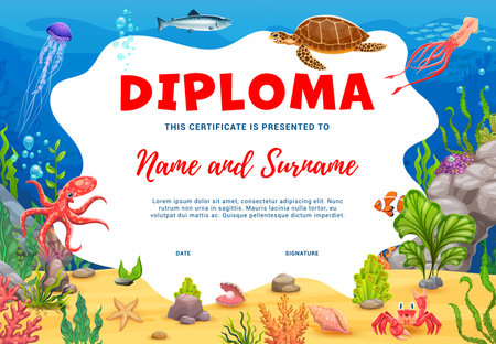 Kids diploma of explorer or diver with underwater sea animals like turtle, fish and octopus. Cartoon vector educational certificate template for children achievements, activities or school programsのイラスト素材