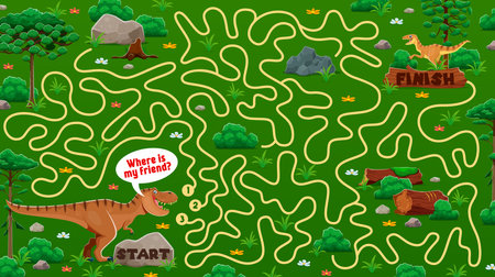 Kids labyrinth maze game worksheet to help to dinosaur find his friend, vector quiz. Kids game labyrinth maze with path for T-rex dinosaur to find way to velociraptor dino character in Jurassic forestのイラスト素材