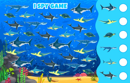 I spy game worksheet with prehistoric underwater reptiles and dinosaurs, vector kids quiz. I spy game with undersea aquatic extinct animals and dino reptiles to find and match the same pictureのイラスト素材