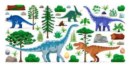 Prehistoric dinosaurs characters and Jurassic lizards in forest jungles, cartoon vector. Prehistoric extinct animals, reptiles and dinosaur egg of T-rex tyrannosaurus for kids atlas book or dino worldのイラスト素材