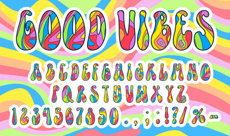 70s psychedelic rainbow font or groovy type with retro 60s hippie typeface, vector bold wavy alphabet. Psychedelic hippie groovy font with rainbow letters in cartoon retro art for funky trippy typeのイラスト素材