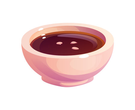 Cartoon soy sauce in ceramic bowl. Isolated vector essential condiment for sushi and roll. Dark, glossy fermented soya sauce in kitchen utensil plate, traditional Japan food restaurant spice dressingのイラスト素材