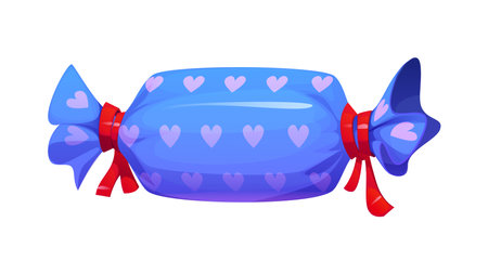 Candy-shaped gift package with bright blue wrapping adorned with pink hearts and tied with red ribbons on both ends. Isolated vector present for Valentine Day, birthday, Christmas holiday celebrationsのイラスト素材