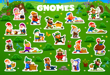 Cartoon gnomes and dwarfs characters stickers, vector fairy tale village workers. Gnomes or little dwarfs stickers with gardener or farmer, leprechaun miner and blacksmith or woodworker and hunterのイラスト素材