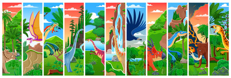Prehistoric dinosaurs collage. Cartoon vector vertical panels with dino species amid tropical landscapes with lush flora, evokes adventure and fascination with ancient life, showcasing dinosaur eraのイラスト素材
