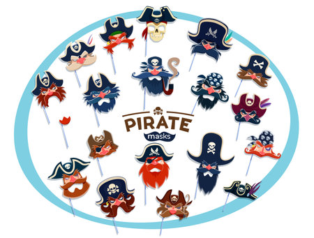 Pirate carnival and photo booth masks of corsair sailor in tricorne hats, vector props. Pirate masquerade or photobooth masks of captain with eyepatch and sailor in bandana with Jolly Roger skullのイラスト素材
