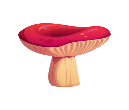 Cartoon autumn mushroom with a wide, flat top and a cream-colored stem. Isolated vector vibrant red-capped russula fungus. Wild forest plant, natural ingredient, mycology species, forest vegetationのイラスト素材
