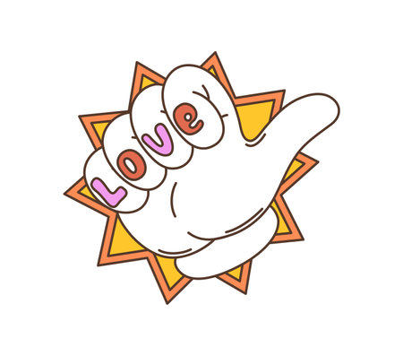 Cartoon retro groovy hippie thumb up symbol. Isolated vector colorful gloved palm making gesture with the word love playfully inscribed on each finger, t within a star-shaped or comic explosion frameのイラスト素材