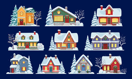 Isolated Christmas winter house facade exterior with snow on roof, vector buildings. Christmas cartoon town homes or village with windows and trees on snowy street for winter holiday or New Yearのイラスト素材