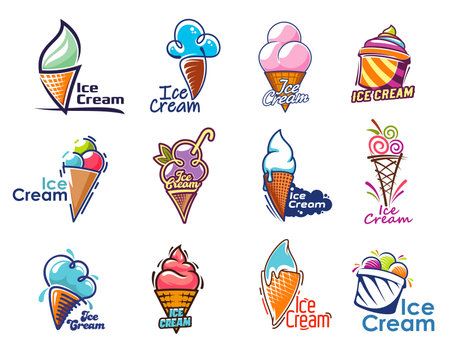 Ice cream symbols, gelato dessert, waffle cones, sundae scoops and soft serve cups vector icons. Sweet summer dessert food isolated signs set of vanilla, chocolate and fruit flavored ice creamのイラスト素材