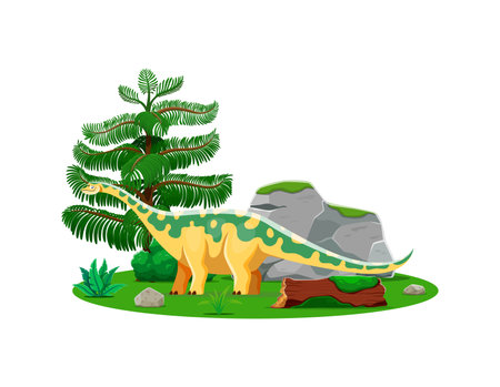 Cute opisthocoelicaudia prehistoric dinosaur character. Jurassic dino animal vector personage, funny prehistoric reptile, mountain stone and forest tree. Extinct sauropod dinosaur of Cretaceous periodのイラスト素材