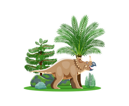 Dinosaur, cartoon prehistoric lizard Centrosaurus in Jurassic forest, vector character. Centrosaurus dinosaur or prehistoric dino character with horns for kids Jurassic paleontology extinct animalsのイラスト素材