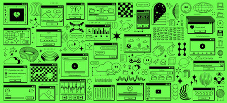 y2k rave retro computer window stickers, browser page interface. Vector brutal and wireframe geometric shapes, psychedelic smiles, computer screen icons and windows, y2k aesthetic stars and planetsのイラスト素材