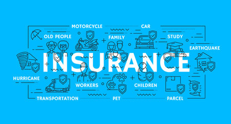 Insurance line icons of vector car, health, travel and home safety, accident and finance risk insurance with umbrellas and shields. House, vehicle, people, pets, delivery and transport outline symbolsのイラスト素材