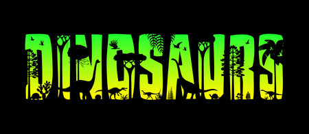 Dinosaurs jungle in sunset silhouette or prehistoric Jurassic lizards, vector cut out letters. Dinosaurs and prehistoric dino silhouettes in cutout jungle forest sunset for paleontology museum bannerのイラスト素材