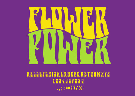 Hippy psychedelic font, retro 60s type, groovy typeface, vintage alphabet, 70s funky hippie flower power vector typography. Hippy groovy letters and numbers font, bold curve psychedelic charactersのイラスト素材