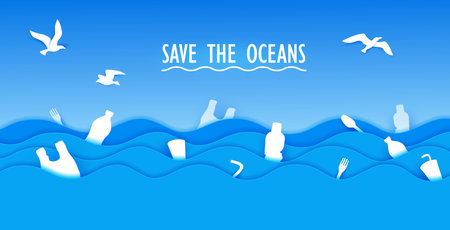 Polluted water, plastic in the sea paper cut banner, save ocean vector concept. Plastic bottles, bags and cups, drinking straws, forks and spoons white silhouettes floating on 3d papercut blue wavesのイラスト素材
